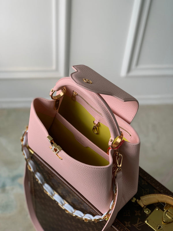 CAPUCINES BB 27 PINK TAURILLON TURQUOISE MOP GOLD HARDWARE