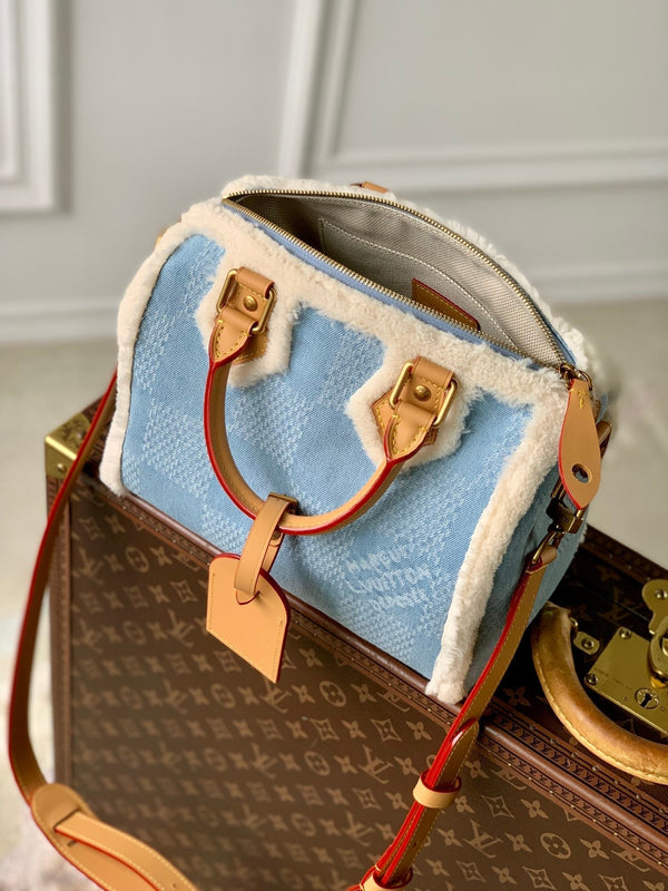 Lv Speedy 25 Bandouliere Beige Leather Denim Wool