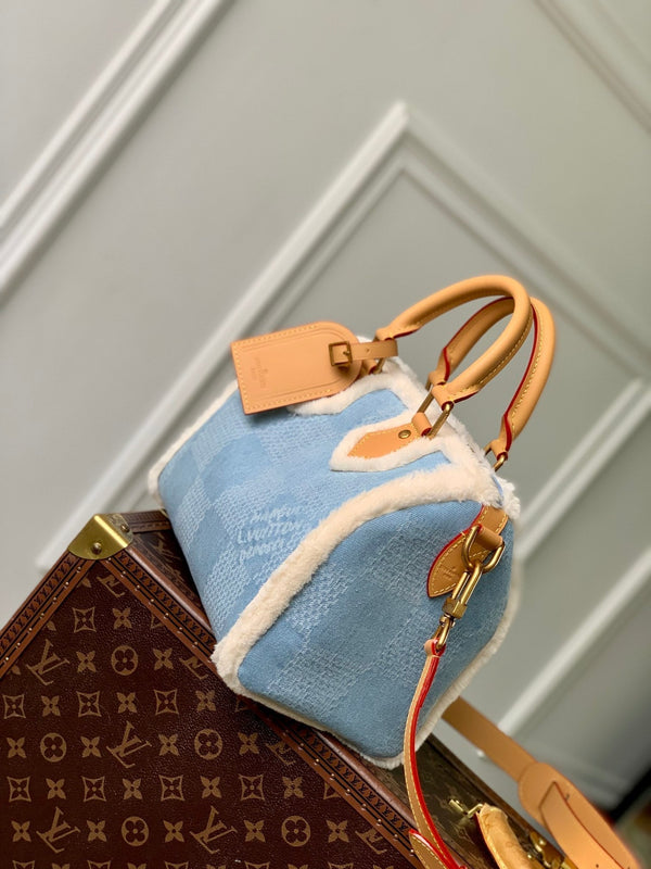 Lv Speedy 25 Bandouliere Beige Leather Denim Wool