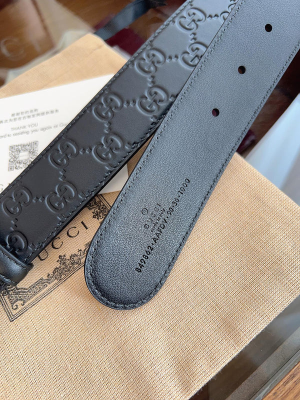 Gucci Supreme Belt Sliver Buckle 40mm Black Embossed Leather