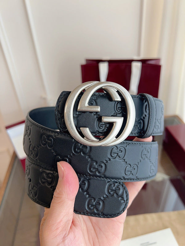 Gucci Supreme Belt Sliver Buckle 40mm Black Embossed Leather