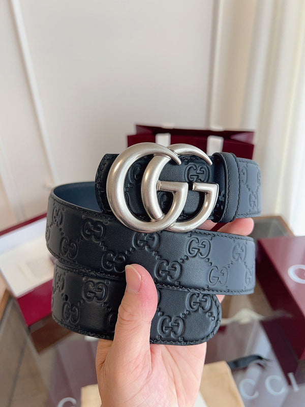Gucci Belt Double G Sliver Buckle 40mm Black Embossed Leather