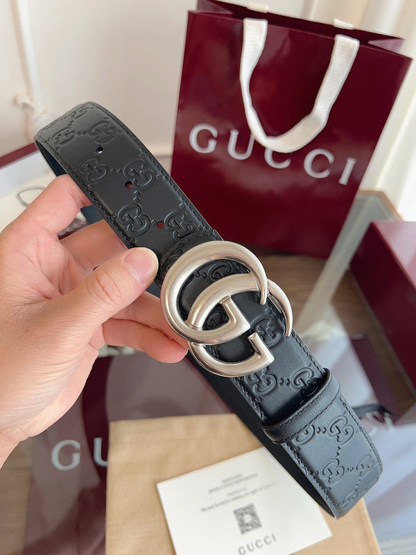 Gucci Belt Double G Sliver Buckle 40mm Black Embossed Leather