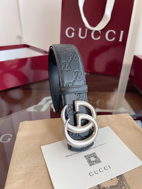 Gucci Belt Double G Sliver Buckle 40mm Black Embossed Leather