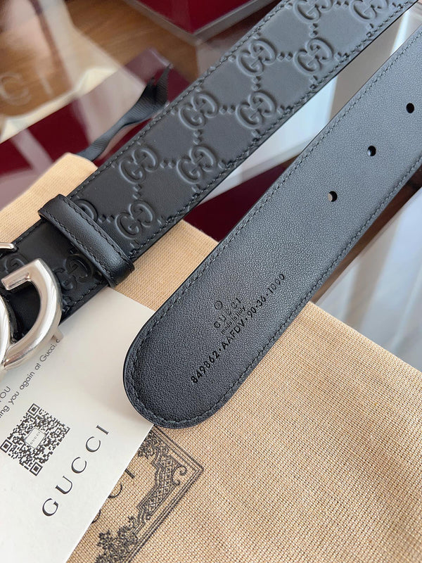 Gucci Belt Double G Sliver Buckle 40mm Black Embossed Leather