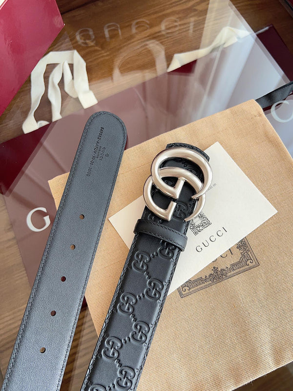 Gucci Belt Double G Sliver Buckle 40mm Black Embossed Leather