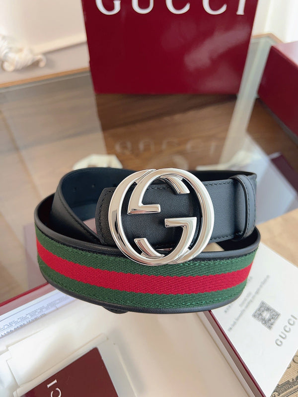 Gucci Supreme Belt Sliver Buckle 40mm Black Leather With Green Red Canvas