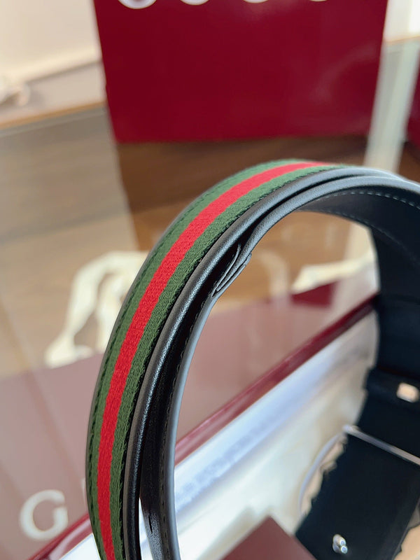 Gucci Supreme Belt Sliver Buckle 40mm Black Leather With Green Red Canvas