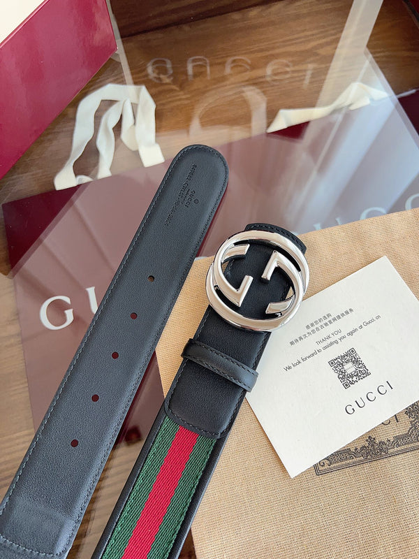 Gucci Supreme Belt Sliver Buckle 40mm Black Leather With Green Red Canvas