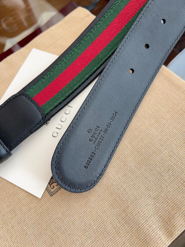 Gucci Supreme Belt Sliver Buckle 40mm Black Leather With Green Red Canvas