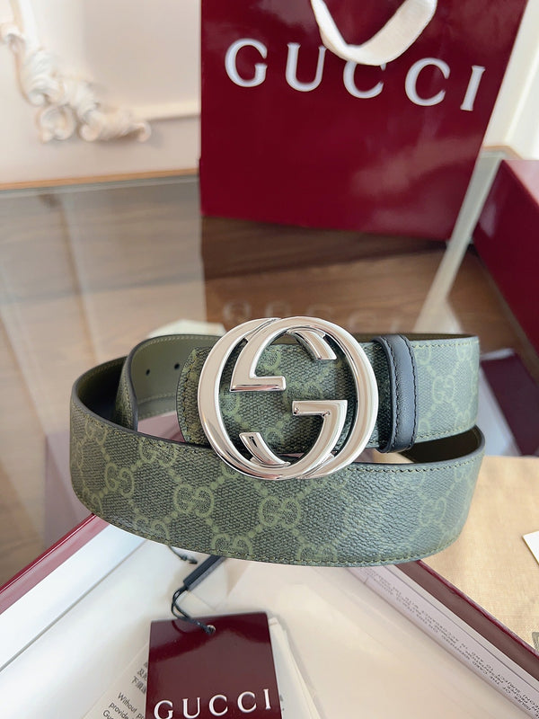 Gucci Supreme Belt Sliver Buckle 40mm Green Leather Canvas