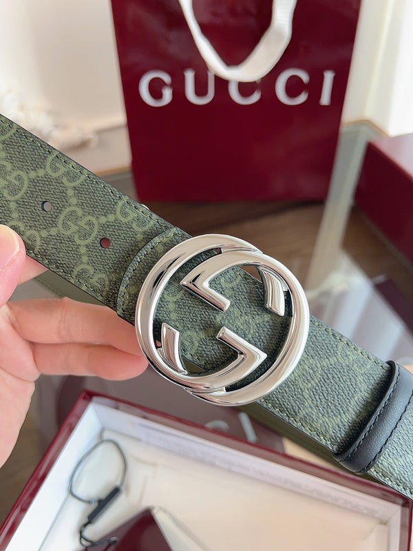 Gucci Supreme Belt Sliver Buckle 40mm Green Leather Canvas