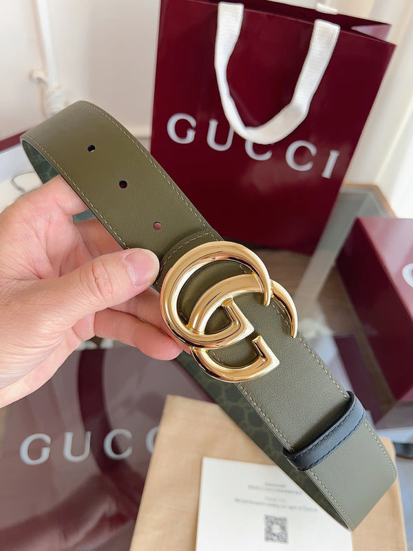 Gucci Belt Double G Gold Buckle 40mm Green Leather Canvas
