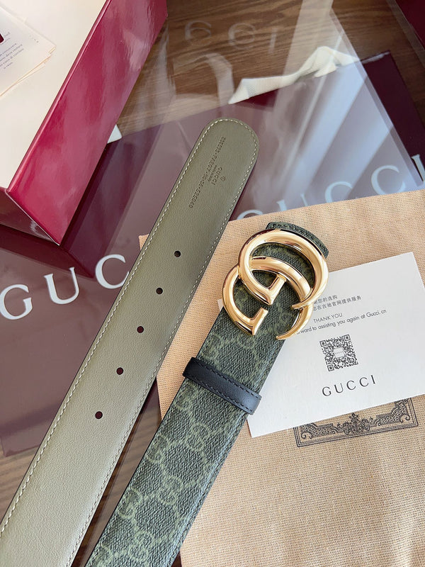 Gucci Belt Double G Gold Buckle 40mm Green Leather Canvas