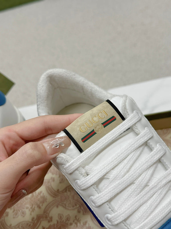 GG WOMEN'S SCREENER TRAINER WHITE AND BLUE CALFSKIN