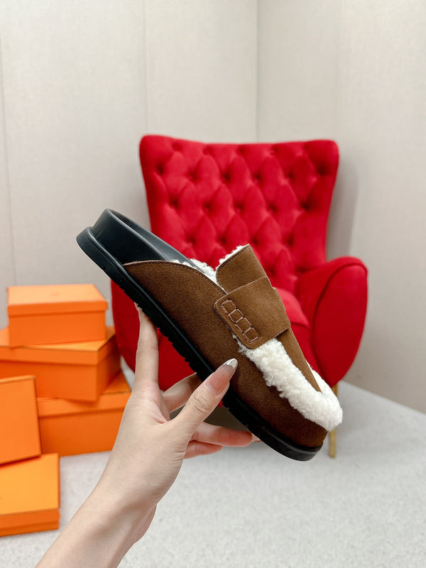 HM Go Mule Dark Brown Mix White Suede Lined With Wool Fleece 476596