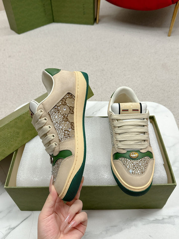 GG Sneaker Beige Suede Green Calfskin Crystal-Embellished