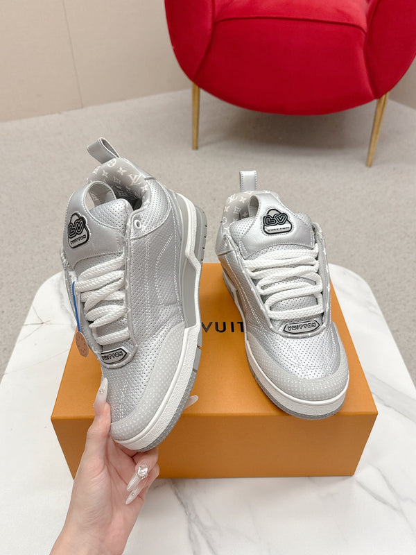 LV Skate Sneakers Silver Metallic and Perforated Calf Leather 528548