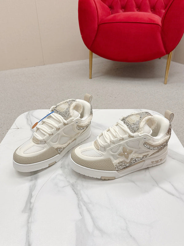 LV Trainer Sneaker White Beige Metallic Grained Metallic Calf Leather 528549