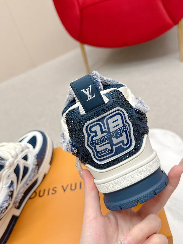 LV Trainer Sneaker Dark Navy White Metallic Grained Metallic Calf Leather 528551