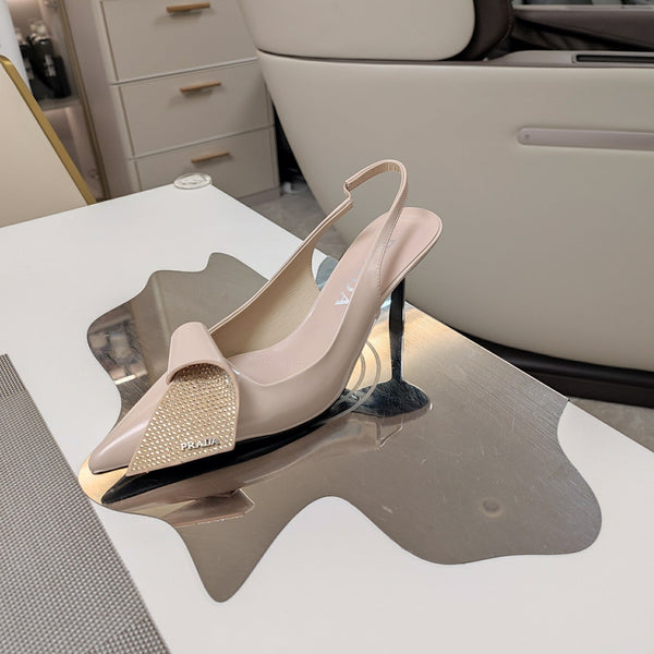 Prad 26s Pointed Toe Slingback Pumps 50mm In Nude Pink Smooth Calfskin With Crystal