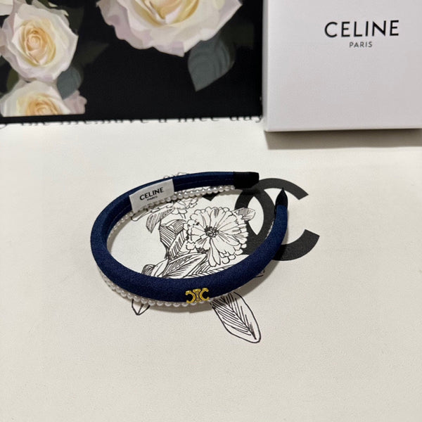 NAVY BLUE DENIM FABRIC HAIRBAND WITH PEARL CHAIN 400483