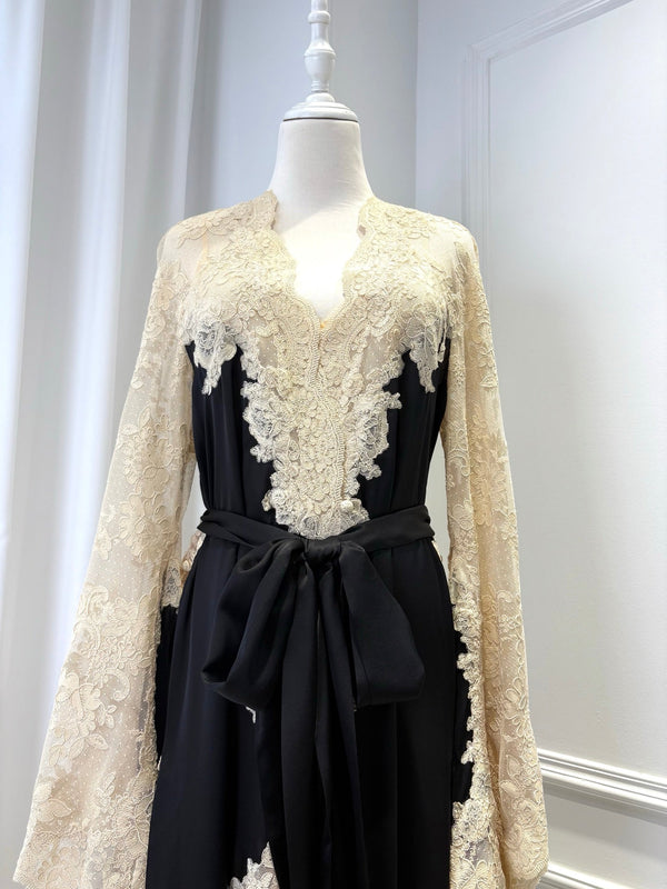 Zimmermann 2025 Hypnotic Satin Wrap Dress Black Cream Lace Silk