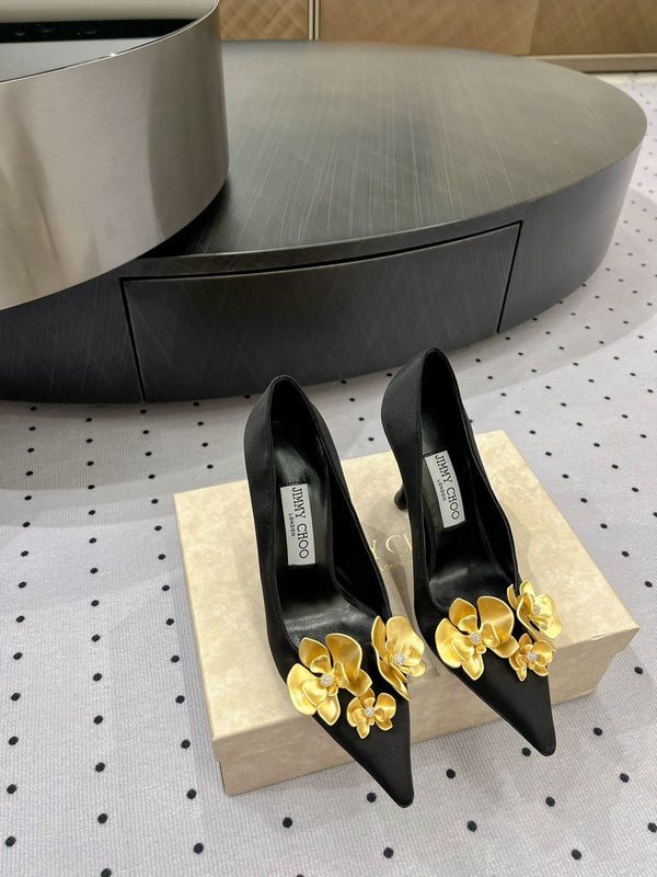 Jimmy Ixia 95 In Black Cowhide Pumps With Flowers 591587