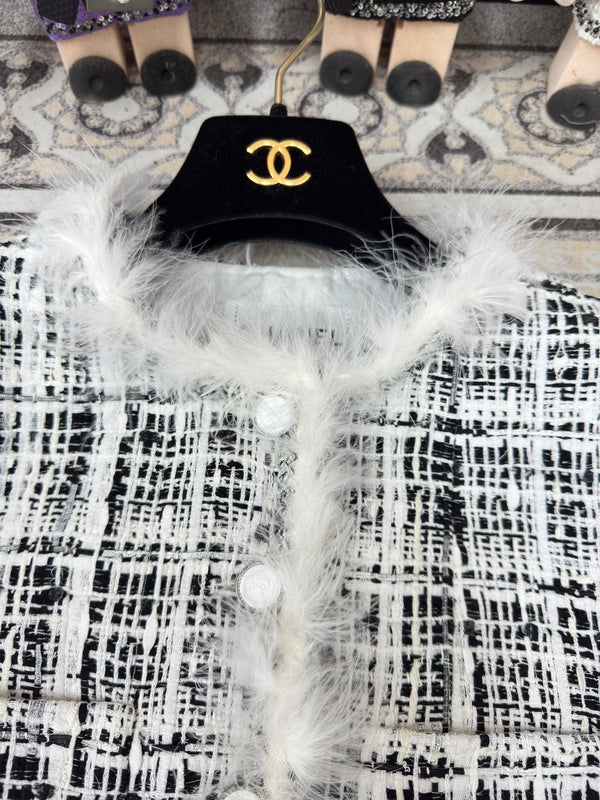 CC Tweed Fur Coat Black White Cotton Polyamide 251826