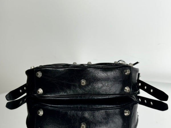 LE CAGOLE LARGE SHOULDER BAG 33 WITH RHINESTONES IN BLACK ARENA LAMBSKIN SILVER HARDWARE