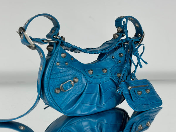 LE CAGOLE SMALL SHOULDER BAG 26 WITH RHINESTONES IN DODPER BLUE CROCODILE EMBOSSED CALFSKIN