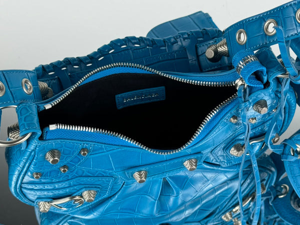 LE CAGOLE SMALL SHOULDER BAG 26 WITH RHINESTONES IN DODPER BLUE CROCODILE EMBOSSED CALFSKIN