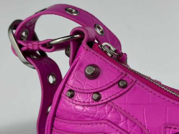 LE CAGOLE SMALL SHOULDER BAG 26 WITH RHINESTONES IN DEEP PINK CROCODILE EMBOSSED CALFSKIN