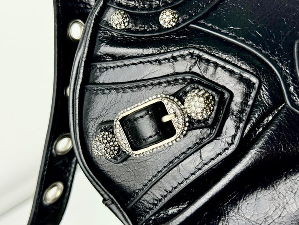 LE CAGOLE SMALL SHOULDER BAG 26 WITH RHINESTONES IN BLACK ARENA LAMBSKIN SILVER HARDWARE