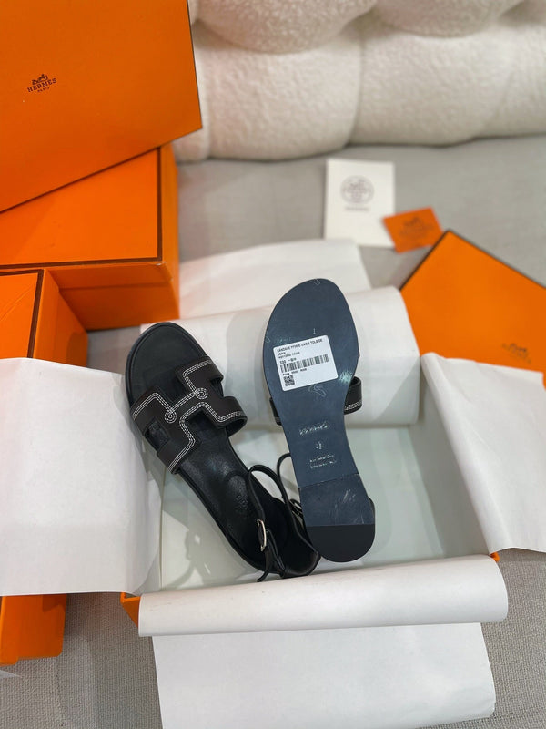 santorini sandal black calfskin white thread embroidered