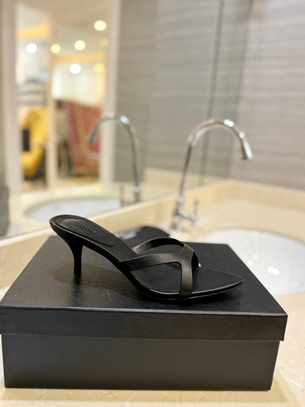 SL OPEN-TOES HIGH HEELS SLIPPER BLACK CALFSKIN