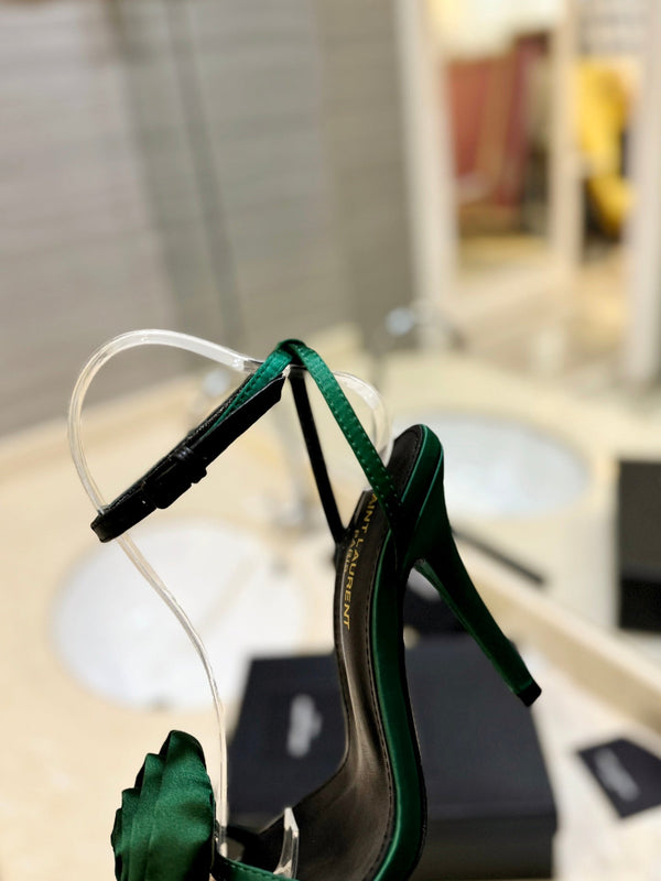 SL IVY FLORAL HEEL SANDALS DARK GREEN SATIN