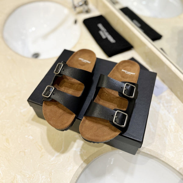 Sandalo piatto SL da donna in pelle di vitello marrone e nero
