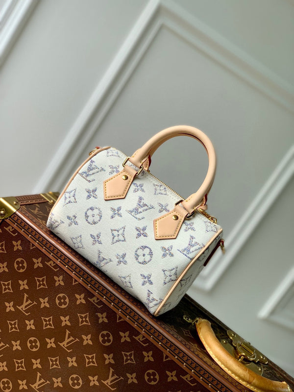 Lv Speedy Bandouliere 20 Beige Leather White Monogram jacquard fabric