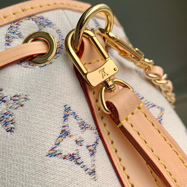 Nano Noe 13x16x10 Beige Leather White Monogram jacquard fabric