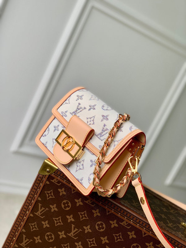 Lv Dauphine 20 Beige Leather White Monogram jacquard fabric