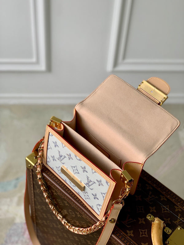 Lv Dauphine 20 Beige Leather White Monogram jacquard fabric