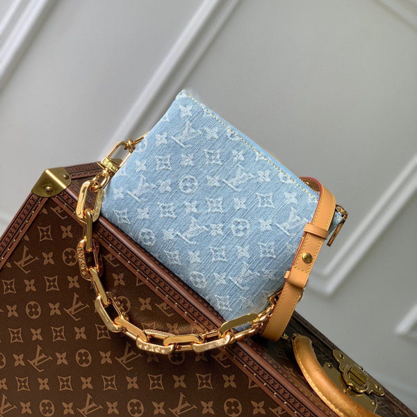 COUSSIN BB 21 IN DENIM MONOGRAMMA AZZURRO CON CATENA IN ORO