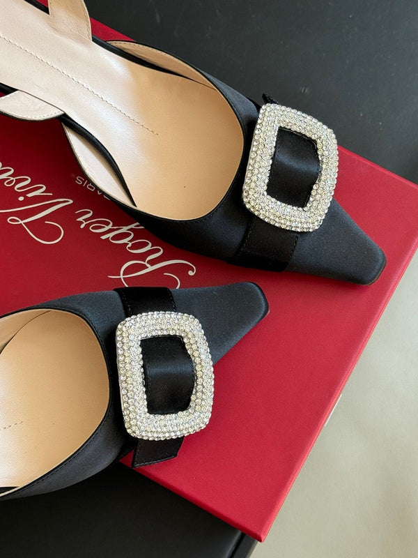 Viv Canard Slingback Pumps 55 in Black Satin