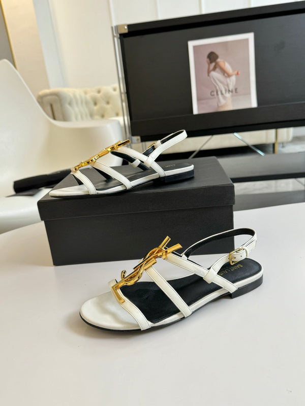Yves SL Buckle Women Sandals Black White Leather