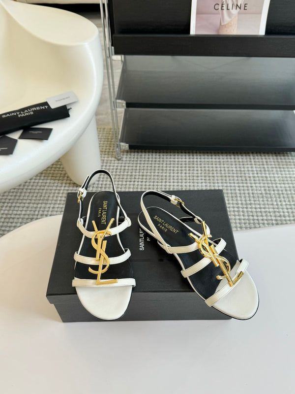 Yves SL Buckle Women Sandals Black White Leather