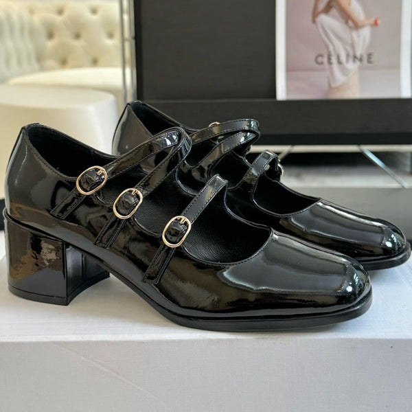 WOMEN'S SANDALS WITH ROUND TOE GLOSSY BLACK SPECIFIC COWHIDE