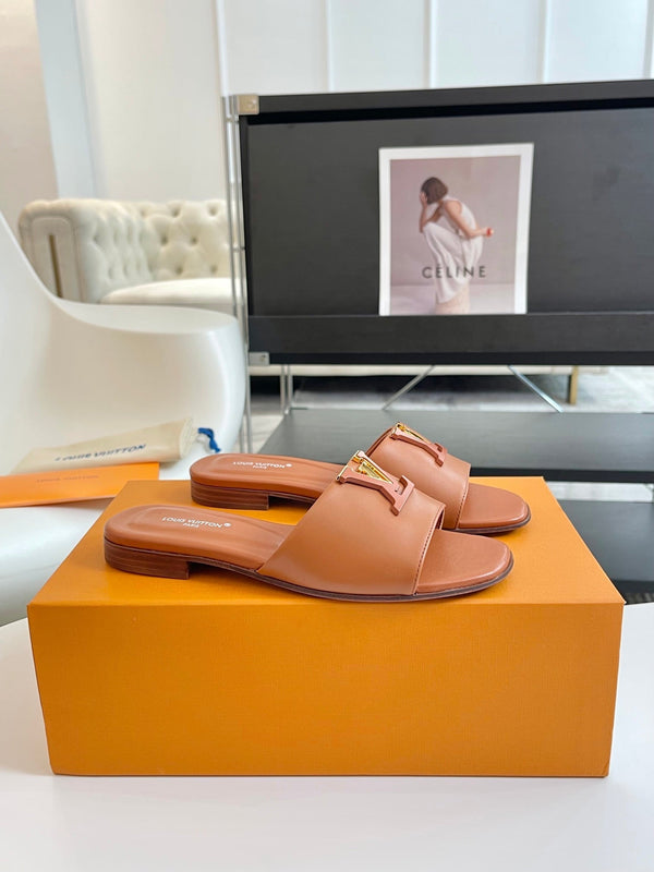 lv capri flat mule brown calfskin