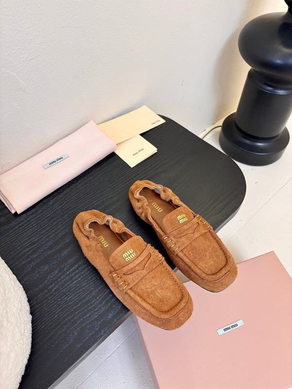 Miu 25C Ruches nappa Loafers Copper Brown Suede 235807