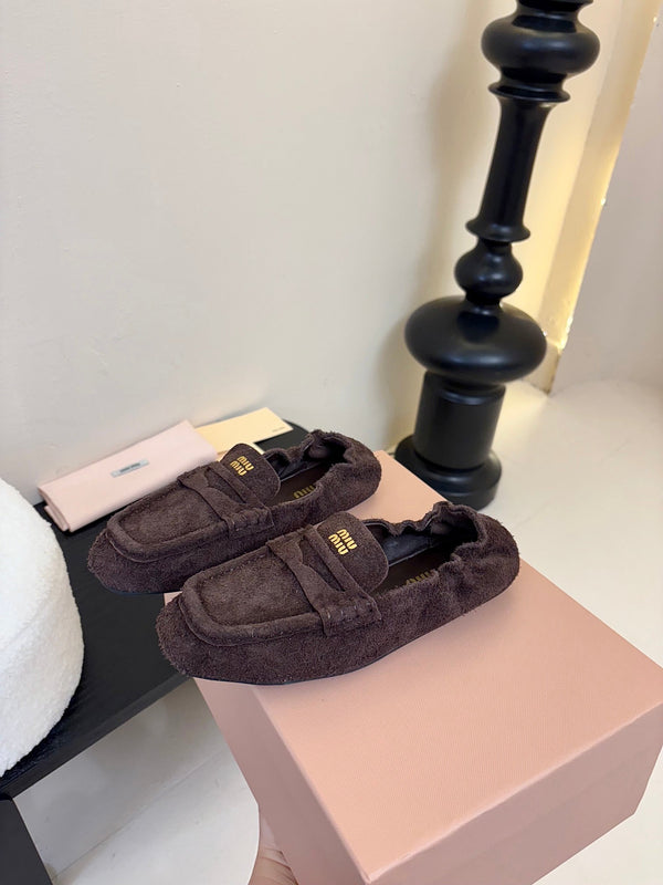 Miu 25C Ruches nappa Loafers Brown Suede 235808